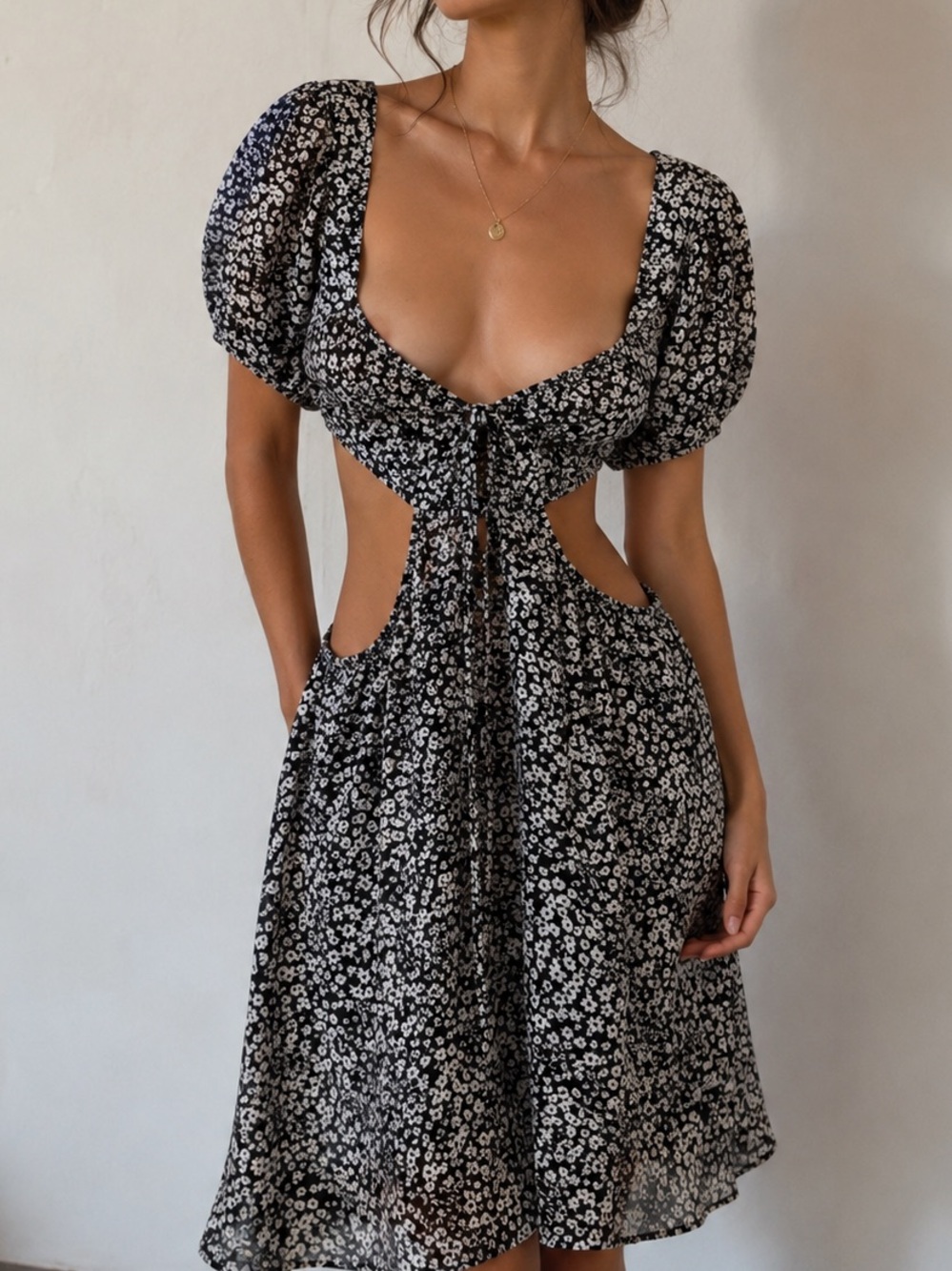Bershka Black Floral Cutout Sundress with Puff Sleeves